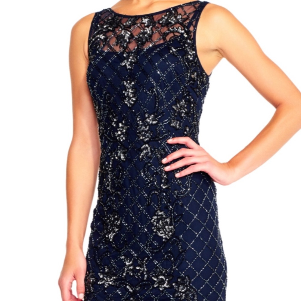 Adrianna Papell Beaded Sheath Navy Blue Dress